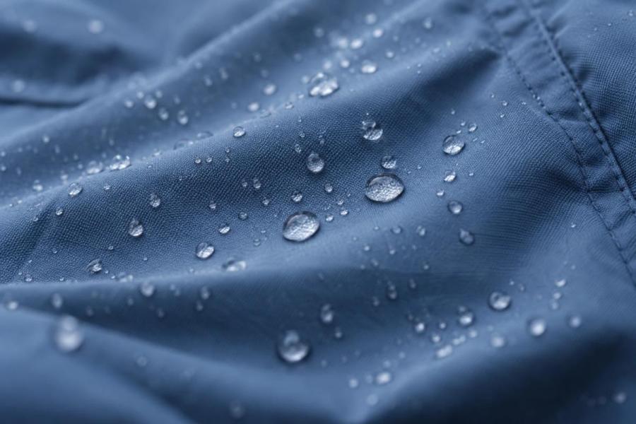 Kleine Regentropfen perlen auf der Oberfläche eines blauen Jackenstoffs.
