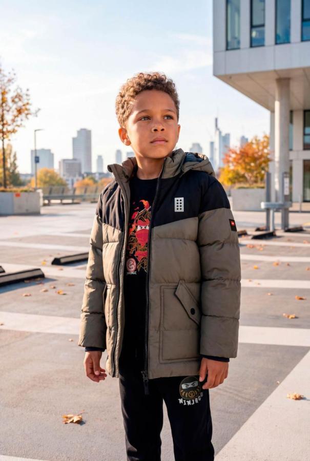 Kind in brauner Winterjacke auf einer Straße.
